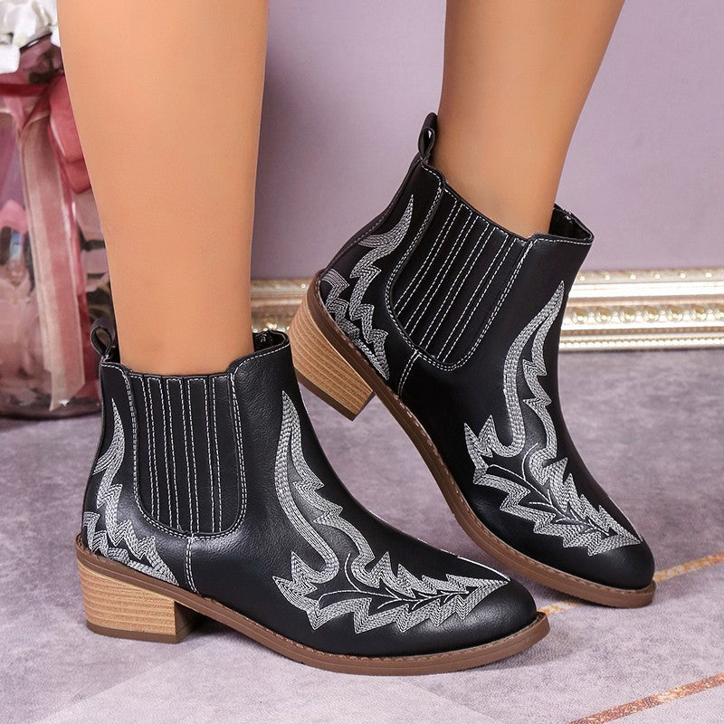 Women's Martin Vintage Pointed Toe Chunky Heel Embroidered Ankle Boots
