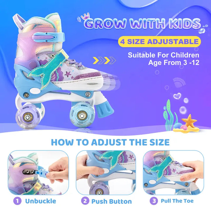 NEMONE Mermaid 4 Size Adjustable Light up Roller Skates for Girls, Purple Blue Skates for Toddlers, Beginner Kids Roller Skates Indoor Outdoor