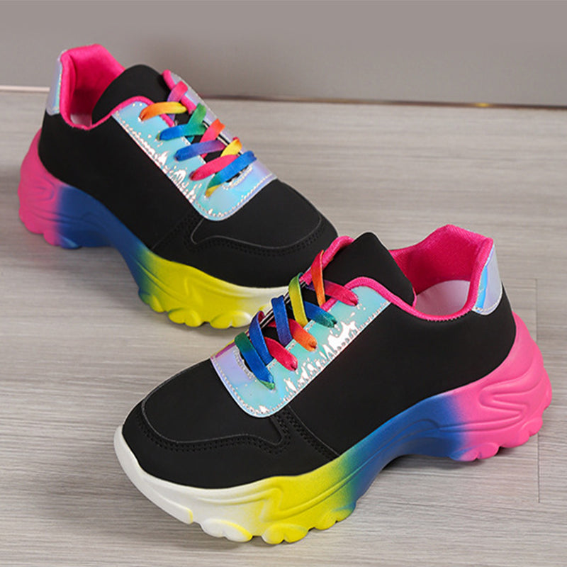 INS Style Rainbow Color Sports Shoes For Women Thick Bottom Lace-up Sneakers Fashion Casual Lightweight Running Walking Shoes