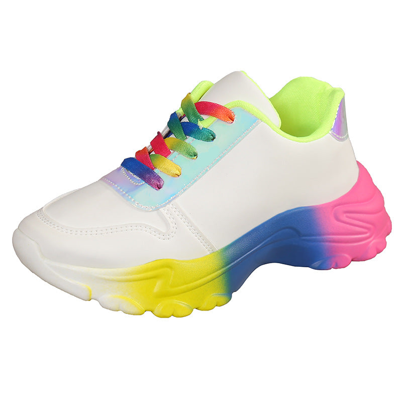 INS Style Rainbow Color Sports Shoes For Women Thick Bottom Lace-up Sneakers Fashion Casual Lightweight Running Walking Shoes