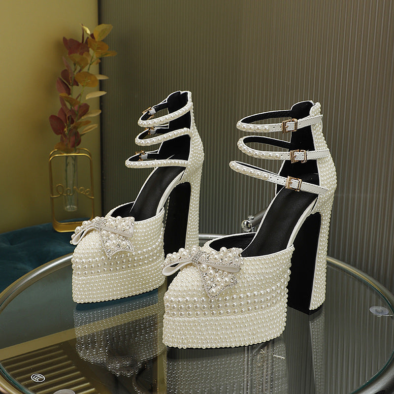 Thick High Heel Thick Platform Muffin Pearl Pointed Sandals
