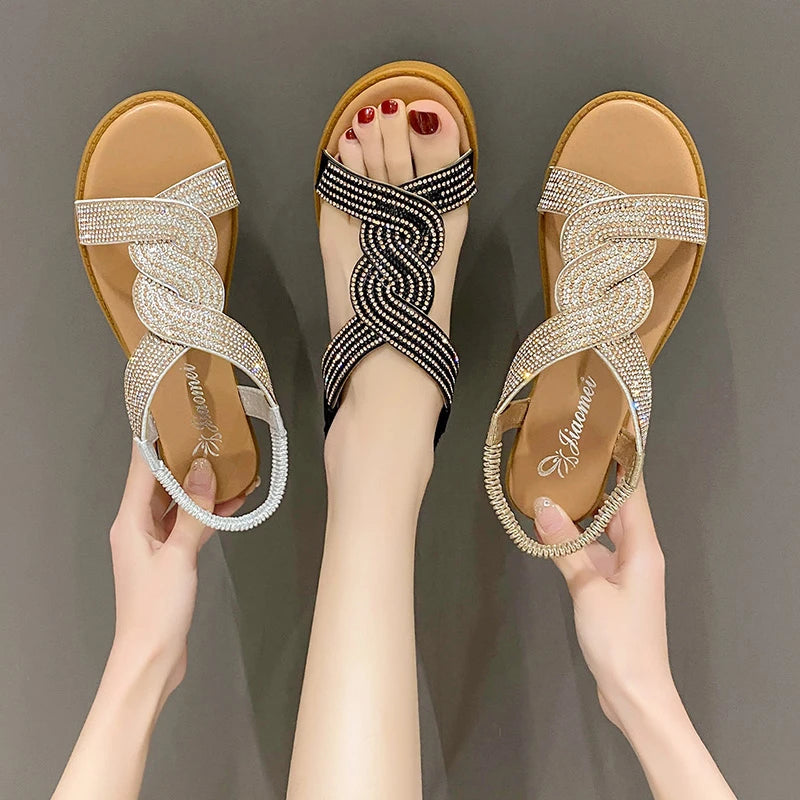 2023 New Fashion Flat Woman Sandals Shoes Round Toe Heel Diamond Decoration