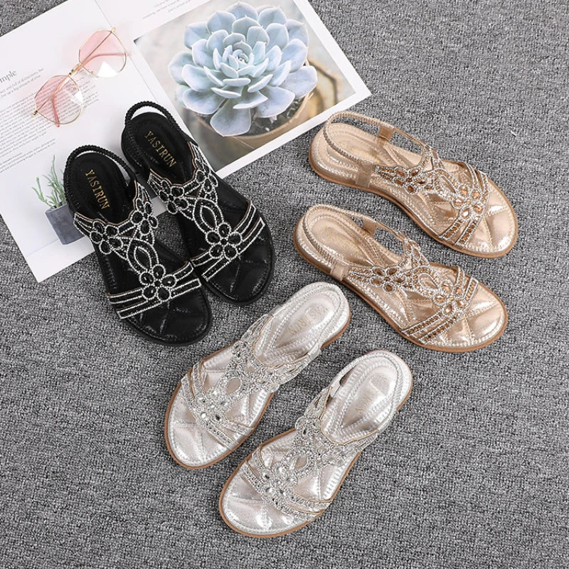 Women Flat Rhinestone Sandals Bohemian Sandals 2023 Summer New Non Slip BeachElastic Low Heels Roman Sandals Sandalias Mujer