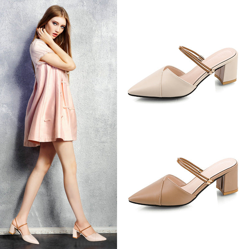 Pointed Toe Two-way Wear With Cool Half Slippers Chunky Heel Sandals