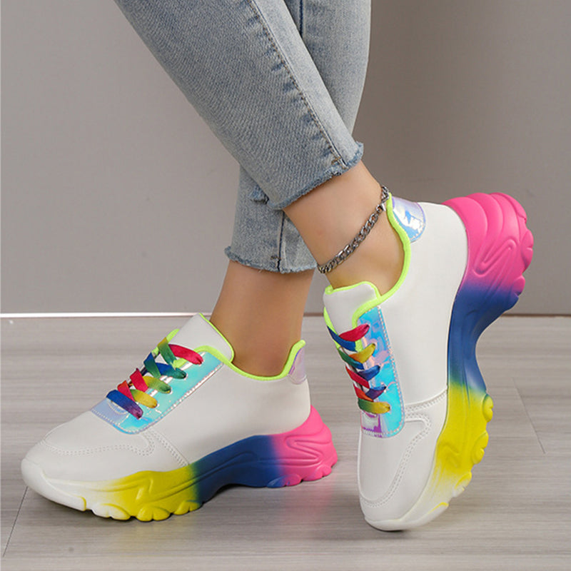 INS Style Rainbow Color Sports Shoes For Women Thick Bottom Lace-up Sneakers Fashion Casual Lightweight Running Walking Shoes