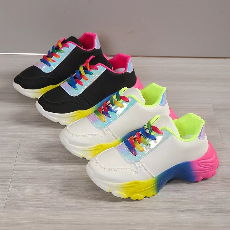 INS Style Rainbow Color Sports Shoes For Women Thick Bottom Lace-up Sneakers Fashion Casual Lightweight Running Walking Shoes