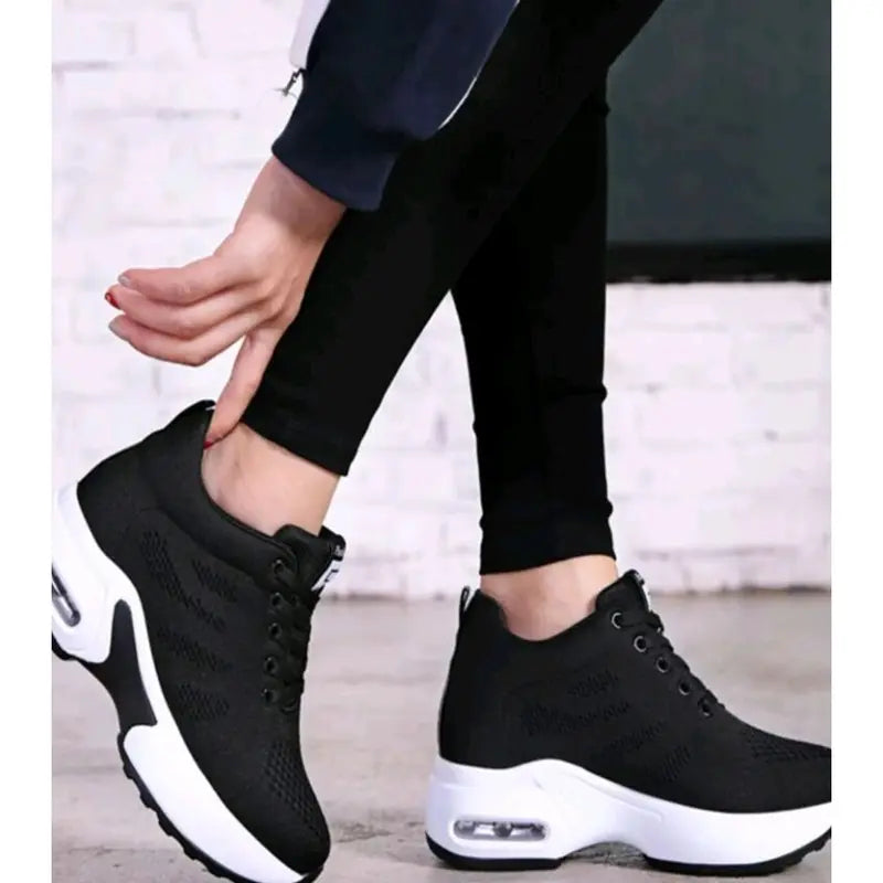 Women Black Shoes, Casual Shoes for Women and White Letter Patch Lace-Up Front Solid Wedge Heel Sneakers